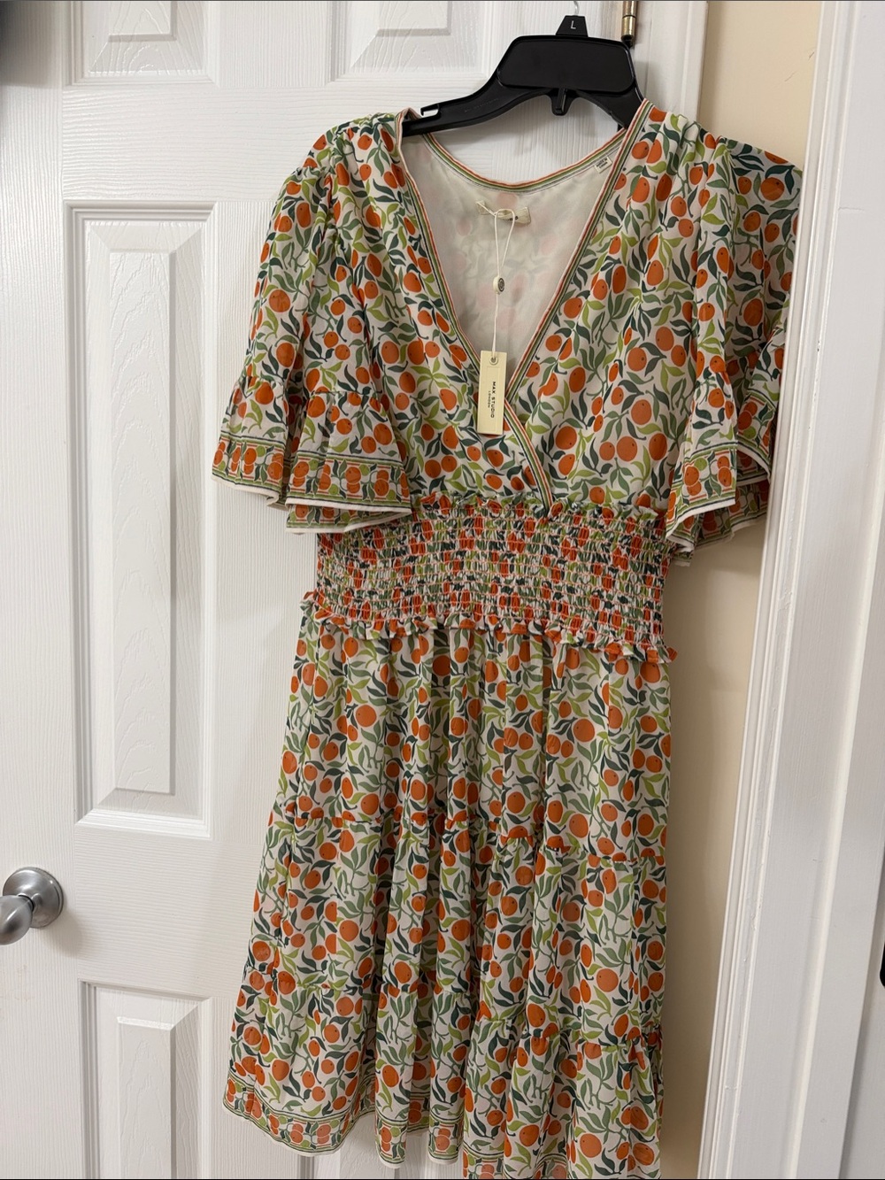 Flutter-Sleeve Orange Print V-Neck Dress